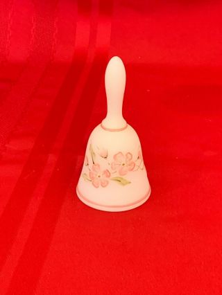 Fenton Glass White Satin Pink Roses Flower Bell Hand Painted & Signed.  P