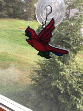 Vintage Stained Glass Red Cardinal Window Hanging Lead Suncatcher
