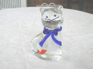 Murano Art Glass Clear Cat Paperweight With Orange Fish Inside And Blue Neckties