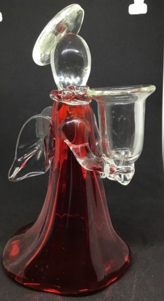 Vintage Hand Crafted Red & Clear Art Glass Angel Candleholder Cond 7”