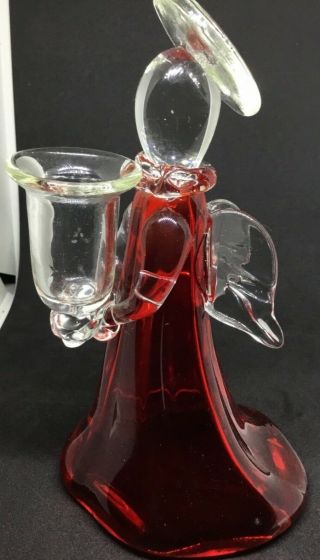 Vintage Hand Crafted Red & Clear Art Glass Angel Candleholder Cond 7” 3