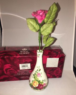 W/ Box Royal Albert Old Country Roses Ocr Vase With Porcelain Rose