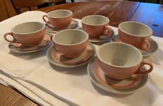 Vtg Jackson China Pattern Pink & Grey Mid - Century Restaurant Ware Cups & Saucers