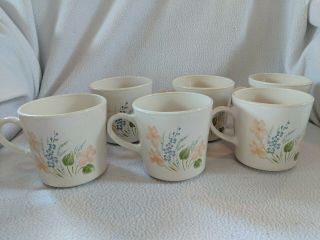 Set Of 6 Corning Ware Corelle Peach Blue Flowers Green Leaves Coffee Cup Mug
