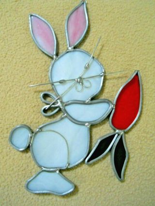 Vintage Stained Lead Glass Bunny Rabbit With Carrot / Easter Suncatcher