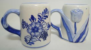 Vintage Hand Painted Blue Delft Daic Salt & Pepper Shakers 3 " Handles Tulips