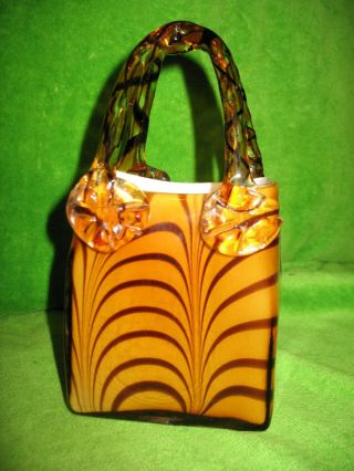 Vintage Huge Hand Blown Murano Art Handbag Vase Glass,  Amber Black
