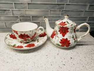 Grace Tea Ware Cup And Saucer,  Mini Teapot Christmas Poinsettia Pattern
