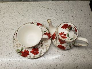 Grace Tea Ware Cup And Saucer,  Mini Teapot Christmas Poinsettia Pattern 2