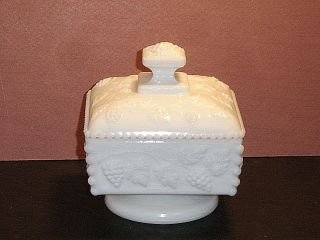 Vintage Westmoreland White Milk Glass Beaded Grape Square Lidded Candy Dish
