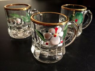 3 Vintage Federal Glass Gold Rimmed Mini Beer Mug Shot Glasses With Flowers
