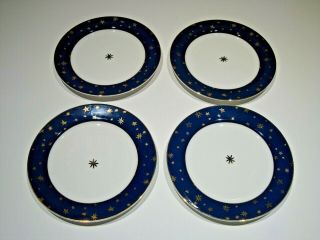 Galaxy By Sakura 4 Salad Plates 8 - 1/2 " Navy Blue With Gold Trim & Stars