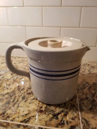 Vintage Stoneware Crock Pitcher With Lid And Blue Stripe