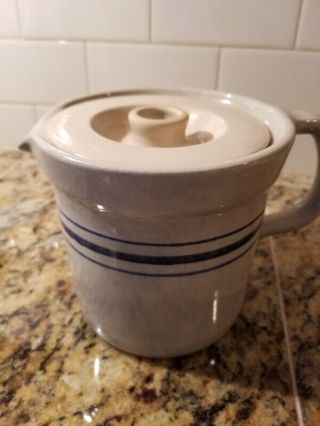 Vintage Stoneware Crock Pitcher with Lid and Blue Stripe 2