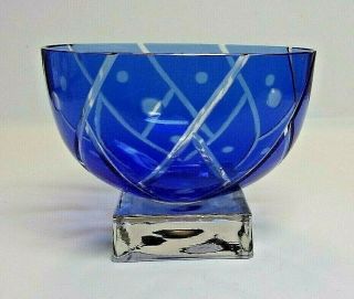 Cobalt Blue And Clear Art Glass Pedestal Fruit Or Candy Vase Bowl