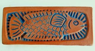 Studio Art Pottery Wall Plaque W/ Hook Terracotta & Blue Fish Kitchen Decor Euc