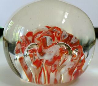 Vintage Art Glass Paperweight Coral Red White Abstract Flower Controlled Bubbles