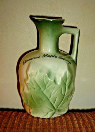 Vtg Small Pottery Vermont Syrup Jug/pitcher 3d Maple Leaf 5 " Tall Cream Greens