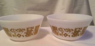 Vintage Federal Glass 4 C Mixing Bowls - White W/gold Flowers - Set Of 2