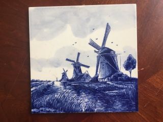 Vtg Antique Delft Blue Holland Ceramic Tile Row Of 3 Windmills 5 3/4 " Square