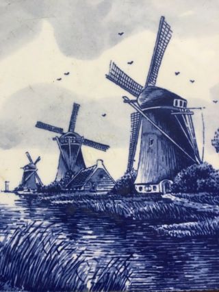 VTG Antique Delft Blue Holland Ceramic Tile Row of 3 Windmills 5 3/4 