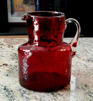 Vintage Hand Blown Ruby Red Glass Pitcher W/applied Clear Handle