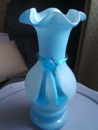 Vintage Blue Glass Hand Blown Vase Aqua Blue Glass Filigree Wrap 8 "