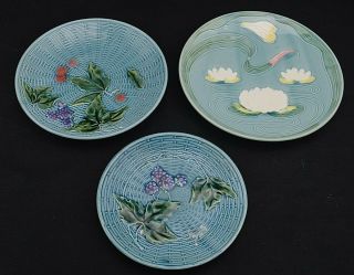 Vintage Majolica Plates X 3 Germany Cherry Grape Water Lily Patterns