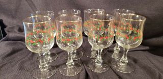 8 Christmas Holly Berry Wine Water Goblet Glasses Libbey Multi - Sided Stem 6 3/4 "
