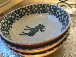 3 Folk Craft Moose Country Tienshan Green Sponge Ware 6 - 1/2” Soup Cereal Bowls