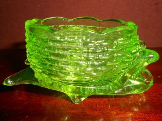 Green Vaseline Glass Wheelbarrow Toothpick Holder / Salt Dip Cellar Celt Uranium