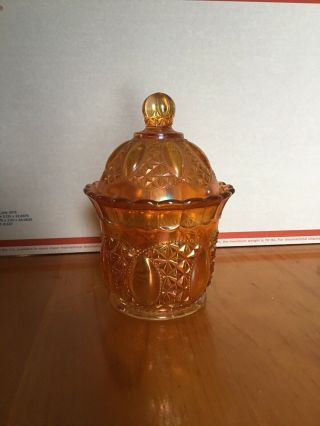 Vintage Marigold Carnival Glass Candy Dish W/ Lid Imperial Iridescent Orange