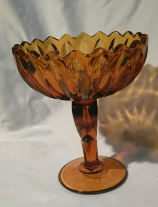 7.  5 " Vintage Glass Amber Lotus Blossom Art Pedestal Candy Fruit Nut Dish