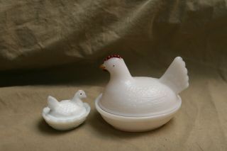 2 Vintage Antique Milk Glass Hens On Nest Basket Serving Dishes Miniature Salt?