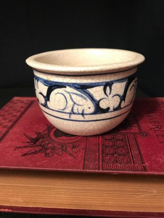 Dedham Pottery The Potting Shed Planter Vase Blue Crackle Bunny Signed 1995 B2