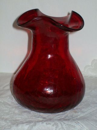 Cherry Red Crackle Glass Vase W/ Ruffled Top