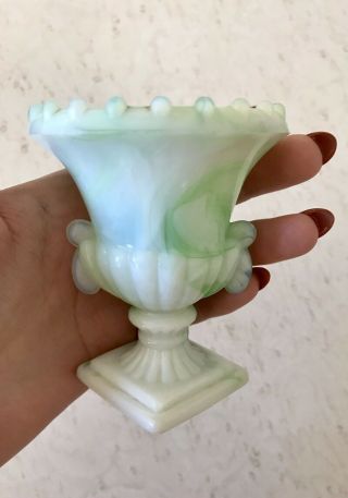 Vintage Akro Agate Jadeite Swirl Slag Glass Toothpick Holder Urn Vase 3.  25 "