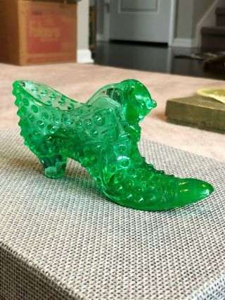Vintage Green Fenton Hobnail Glass Shoe With Cat Head