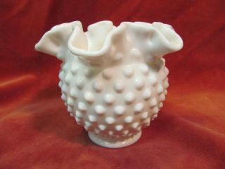 4 1/2 " White Milk Glass Hobnail Vase With Crimped Ruffled Edge