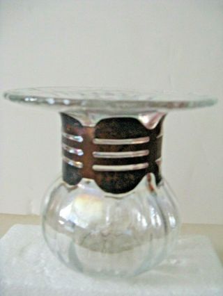 A Hand Crafted Iridescent Art Glass Vase W/ Metal Collar - By Silvestri