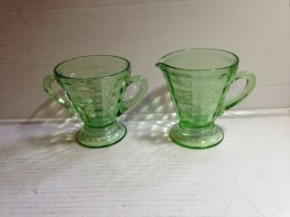 Hocking Glass Co.  Green Block Optic Sugar & Creamer Set Cone Shaped Footed