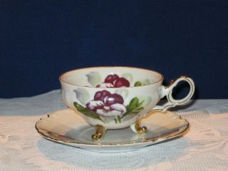 Vintage Ucagco China Purple Flower Footed Teacup & Saucer