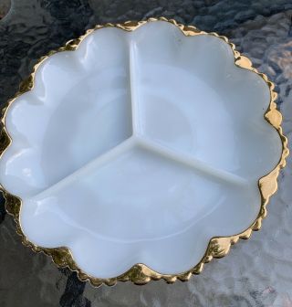 Anchor Hocking Fire King Divided White Dish With Gold Trim