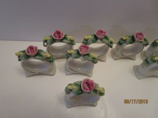 8 Vintage Germany Dresden Porcelain Napkin Rings With Applied Roses