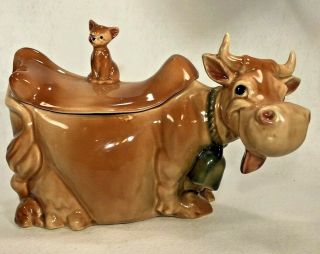 Vintage Brush Mccoy Art Pottery Cow Cookie Jar With Cat On Lid Marked W10