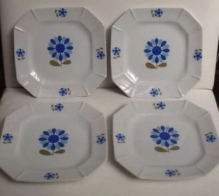 Set Of 4 Octagon /square Salad Luncheon Plate With Blue Daisies Mod Flower Power
