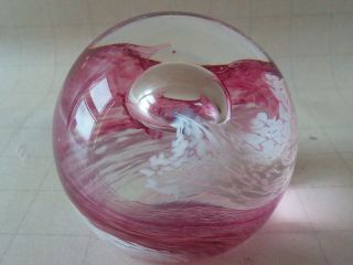 Vintage 1960s Caithness Scotland Glass Moon Crystal Paperweight - Pink / White