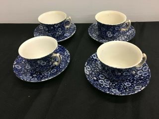 4 Blue Calico Cups & Saucers Crownford China Staffordshore England