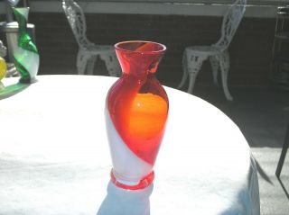 Murano Art Glass Red And White Swirl Small Vase With Fluted Top Hand Blown