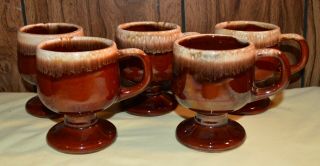 5 Vintage Mccoy 7075 Brown Drip Pedestal Coffee Cups Mugs